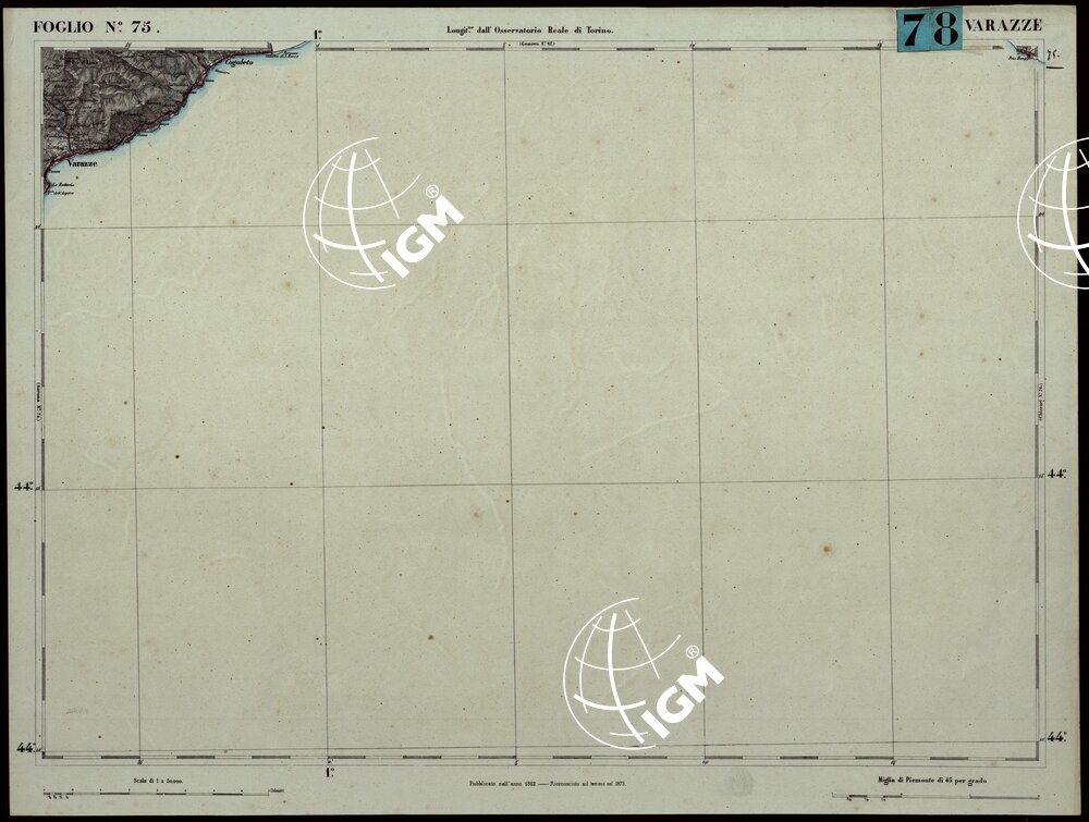 CARTA TOPOGRAFICA DEGLI STATI IN TERRAFERMA DI S.M. IL RE DI SARDEGNA ALLA SCALA DI 1.A 50.000. OPERA DEL CORPO REALE DELLO STATO MAGGIORE - FOGLIO N.°75. - VARAZZE + DOCUMENTO DI AGGIORNAMENTO UNICO
