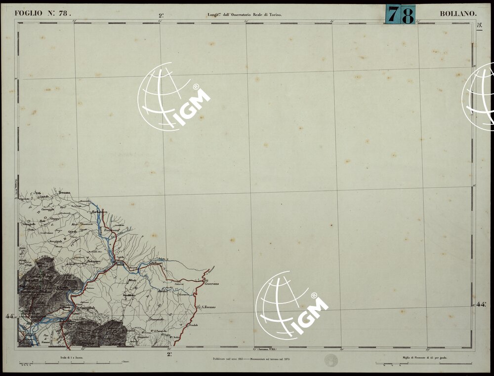 CARTA TOPOGRAFICA DEGLI STATI IN TERRAFERMA DI S.M. IL RE DI SARDEGNA ALLA SCALA DI 1.A 50.000. OPERA DEL CORPO REALE DELLO STATO MAGGIORE - FOGLIO N.°78. BOLLANO + DOCUMENTO DI AGGIORNAMENTO UNICO