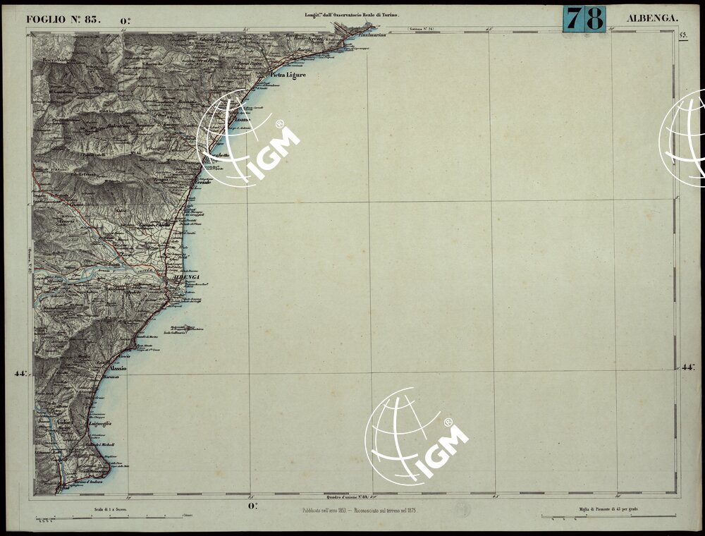 CARTA TOPOGRAFICA DEGLI STATI IN TERRAFERMA DI S.M. IL RE DI SARDEGNA ALLA SCALA DI 1.A 50.000. OPERA DEL CORPO REALE DELLO STATO MAGGIORE - FOGLIO N.°83. ALBENGA + DOCUMENTO DI AGGIORNAMENTO UNICO