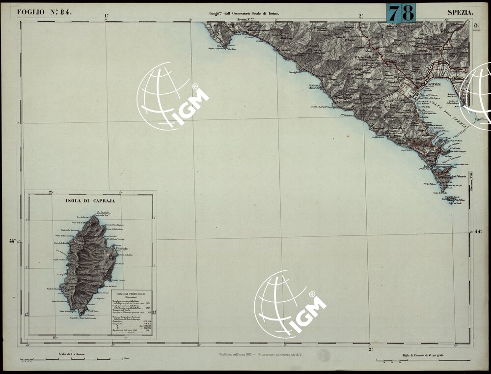 CARTA TOPOGRAFICA DEGLI STATI IN TERRAFERMA DI S.M. IL RE DI SARDEGNA ALLA SCALA DI 1.A 50.000. OPERA DEL CORPO REALE DELLO STATO MAGGIORE - FOGLIO N.°84. SPEZIA + DOCUMENTO DI AGGIORNAMENTO UNICO