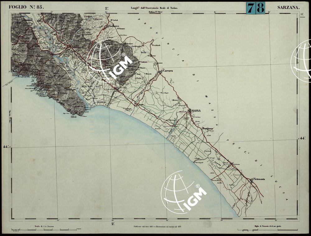 CARTA TOPOGRAFICA DEGLI STATI IN TERRAFERMA DI S.M. IL RE DI SARDEGNA ALLA SCALA DI 1.A 50.000. OPERA DEL CORPO REALE DELLO STATO MAGGIORE - FOGLIO N.°85. SARZANA + DOCUMENTO DI AGGIORNAMENTO UNICO