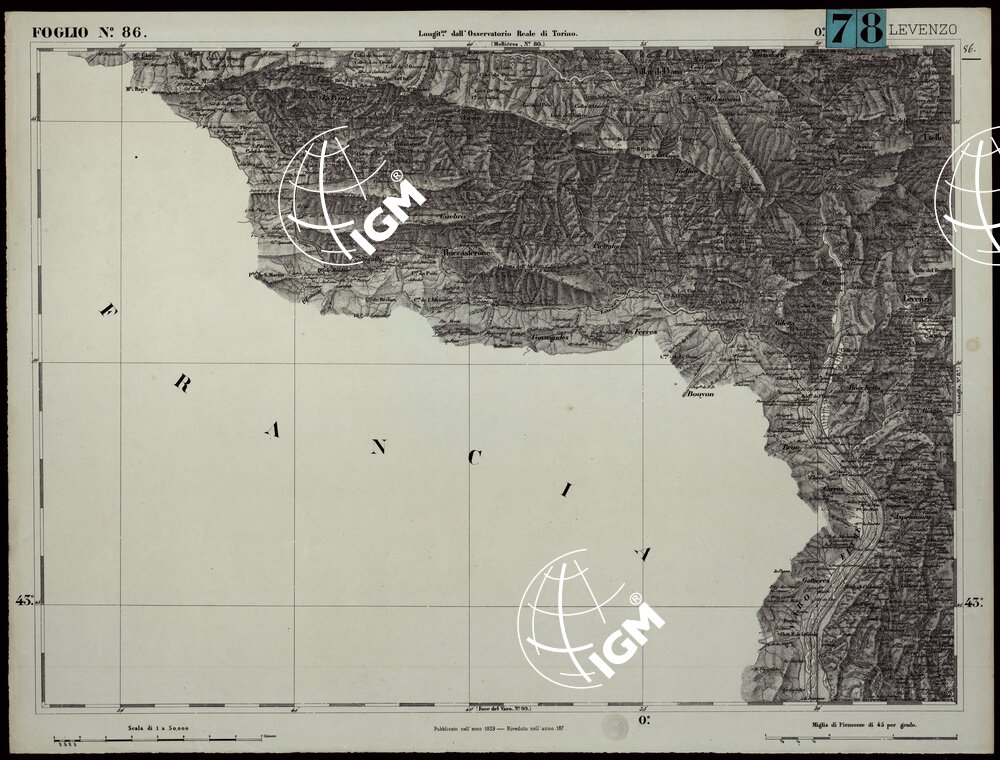 CARTA TOPOGRAFICA DEGLI STATI IN TERRAFERMA DI S.M. IL RE DI SARDEGNA ALLA SCALA DI 1.A 50.000. OPERA DEL CORPO REALE DELLO STATO MAGGIORE - FOGLIO N.°86. LEVENZO