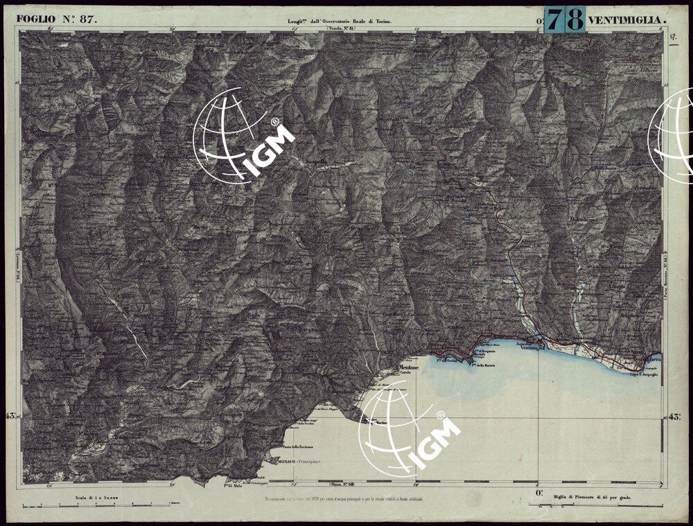 CARTA TOPOGRAFICA DEGLI STATI IN TERRAFERMA DI S.M. IL RE DI SARDEGNA ALLA SCALA DI 1.A 50.000. OPERA DEL CORPO REALE DELLO STATO MAGGIORE - FOGLIO N.°87. VENTIMIGLIA + DOCUMENTO DI AGGIORNAMENTO UNICO