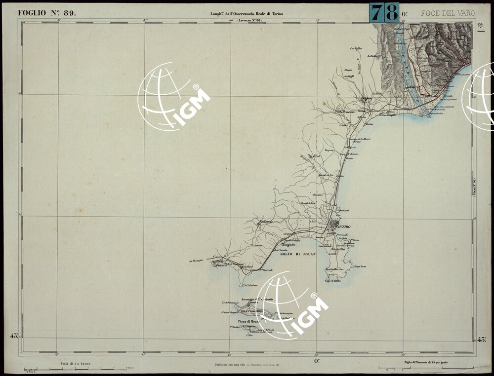 CARTA TOPOGRAFICA DEGLI STATI IN TERRAFERMA DI S.M. IL RE DI SARDEGNA ALLA SCALA DI 1.A 50.000. OPERA DEL CORPO REALE DELLO STATO MAGGIORE - FOGLIO N.°89. FOCE DEL VARO