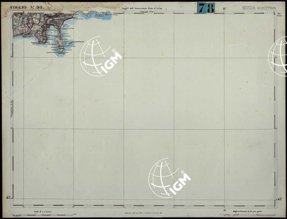 CARTA TOPOGRAFICA DEGLI STATI IN TERRAFERMA DI S.M. IL RE DI SARDEGNA ALLA SCALA DI 1.A 50.000. OPERA DEL CORPO REALE DELLO STATO MAGGIORE - FOGLIO N.°90. NIZZA MARITTIMA