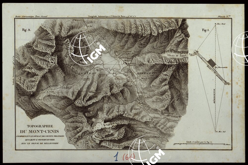 TOPOGRAPHIE DU MONT-CENIS COMPRENANT LA RESEAU DES PETITS TRIANGLES QUI LIENT L'OBSERVATOIRE AVEC LE SIGNAL DE BELLECOMBE - FOGLIO 1 (64)