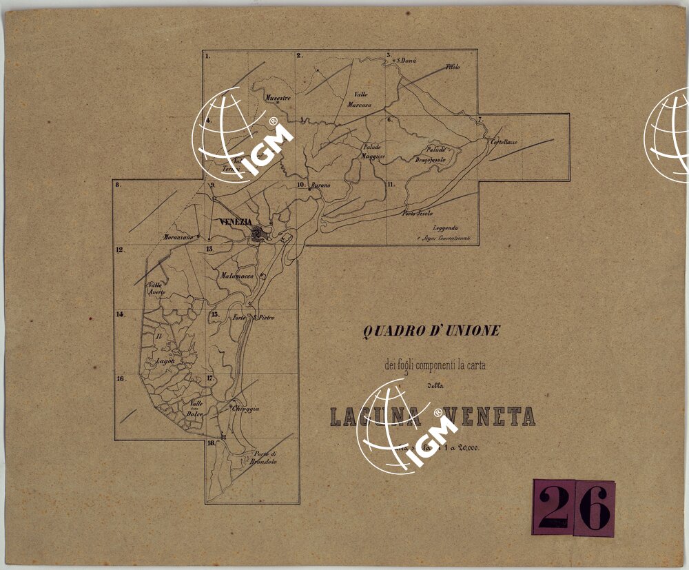 CARTA TOPOGRAFICA DELLA LAGUNA DI VENEZIA SCALA DI 1 A 20.000 - Quadro d'Unione