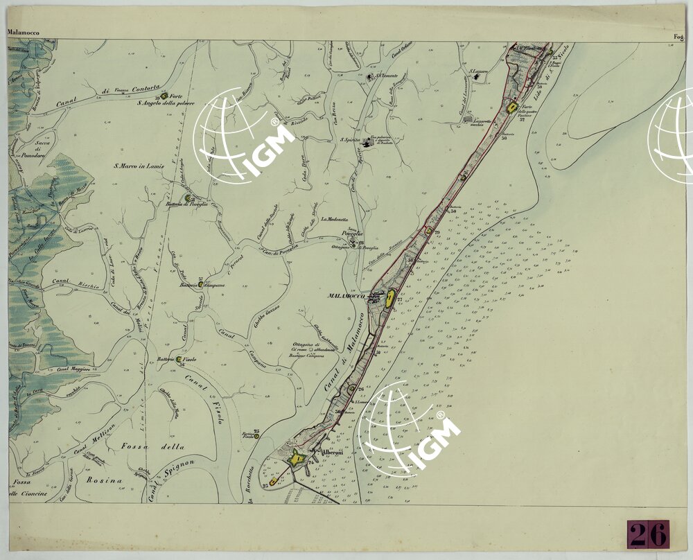 CARTA TOPOGRAFICA DELLA LAGUNA DI VENEZIA SCALA DI 1 A 20.000 - FOG. 13 MALAMOCCO