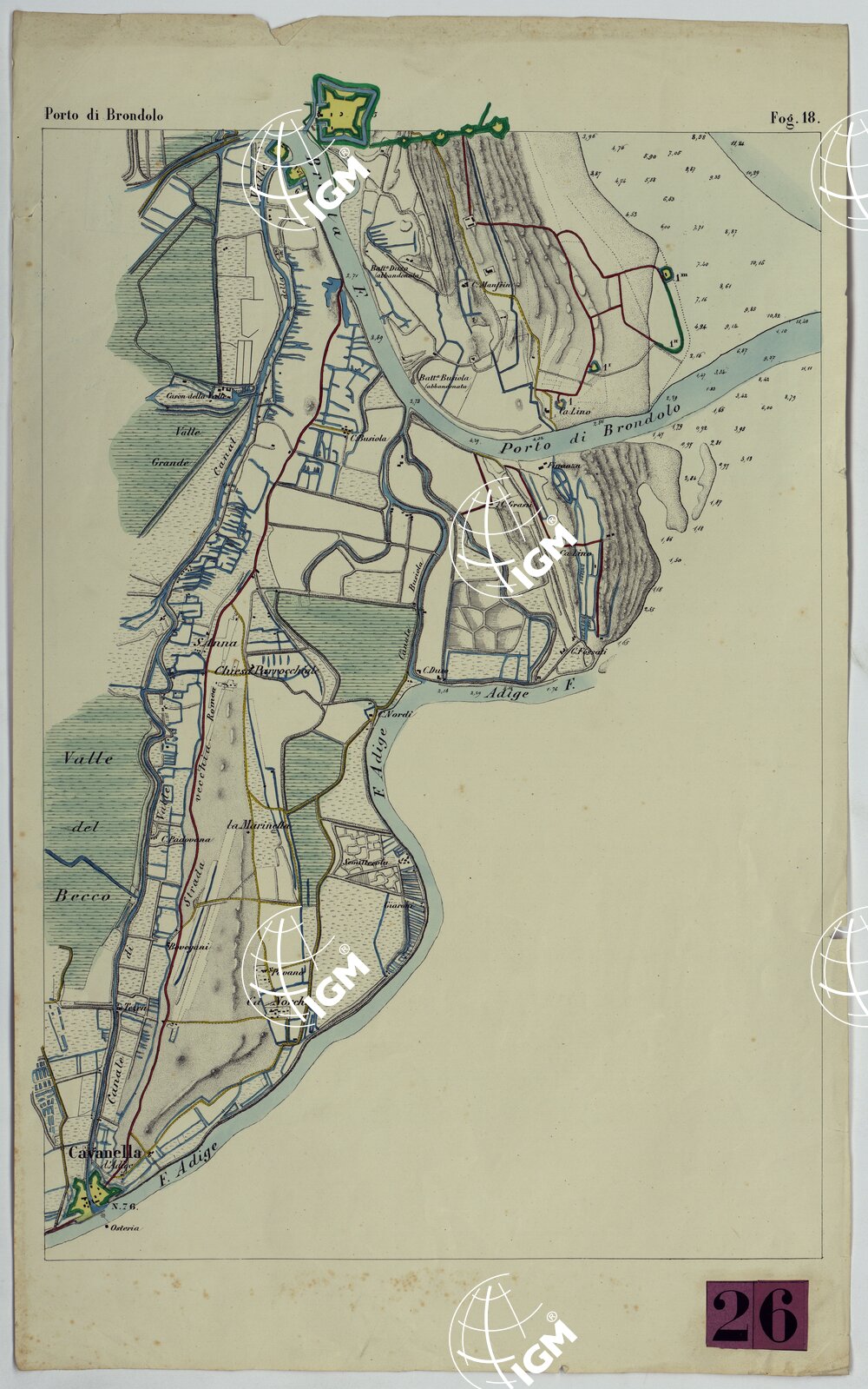 CARTA TOPOGRAFICA DELLA LAGUNA DI VENEZIA SCALA DI 1 A 20.000 - FOG. 18 PORTO DI BRONDOLO
