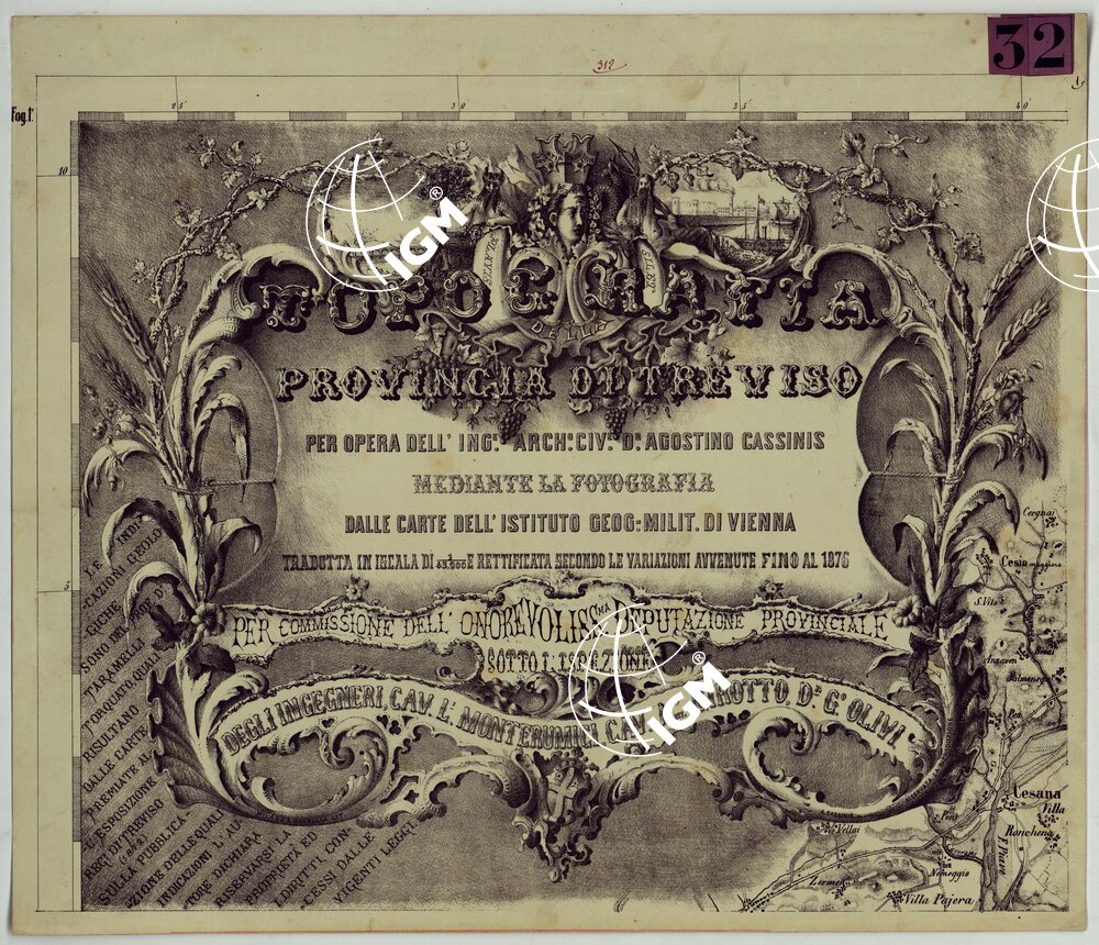 TOPOGRAFIA DELLA PROVINCIA DI TREVISO PER OPERA DELL'ING. ARCH. CIV. D'AGOSTINO CASSINIS MEDIANTE LA FOTOGRAFIA DALLA CARTE DELL'ISTITUTO GEOG. MILIT. DI VIENNA TRADOTTA IN SCALA DI 1 43,200 E RETTIFICATA SECONDO LE VARIAZIONI AVVENUTE FINO AL 1876.
