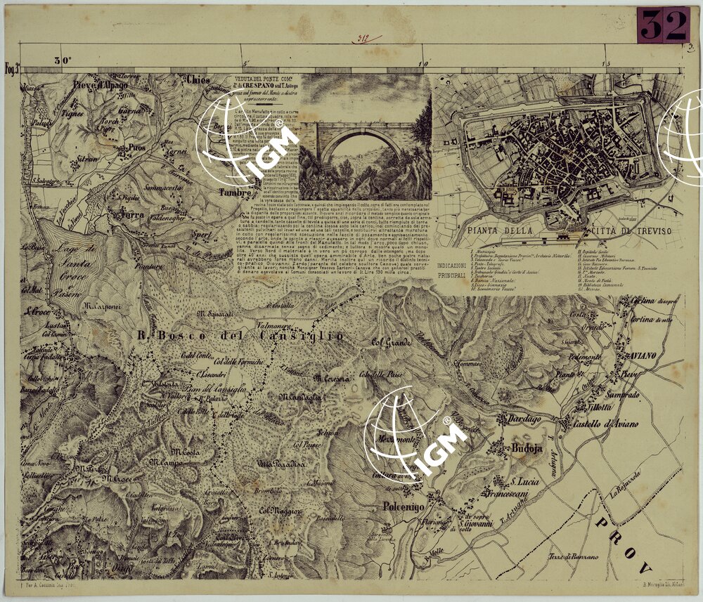 TOPOGRAFIA DELLA PROVINCIA DI TREVISO PER OPERA DELL'ING. ARCH. CIV. D'AGOSTINO CASSINIS MEDIANTE LA FOTOGRAFIA DALLA CARTE DELL'ISTITUTO GEOG. MILIT. DI VIENNA TRADOTTA IN SCALA DI 1 43,200 E RETTIFICATA SECONDO LE VARIAZIONI AVVENUTE FINO AL 1876.