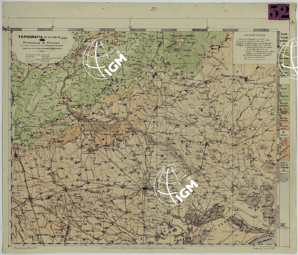 TOPOGRAFIA DELLA PROVINCIA DI TREVISO PER OPERA DELL'ING. ARCH. CIV. D'AGOSTINO CASSINIS MEDIANTE LA FOTOGRAFIA DALLA CARTE DELL'ISTITUTO GEOG. MILIT. DI VIENNA TRADOTTA IN SCALA DI 1 43,200 E RETTIFICATA SECONDO LE VARIAZIONI AVVENUTE FINO AL 1876.