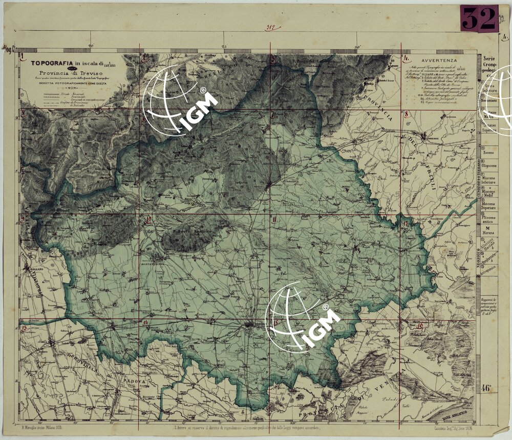 TOPOGRAFIA DELLA PROVINCIA DI TREVISO PER OPERA DELL'ING. ARCH. CIV. D'AGOSTINO CASSINIS MEDIANTE LA FOTOGRAFIA DALLA CARTE DELL'ISTITUTO GEOG. MILIT. DI VIENNA TRADOTTA IN SCALA DI 1 43,200 E RETTIFICATA SECONDO LE VARIAZIONI AVVENUTE FINO AL 1876.