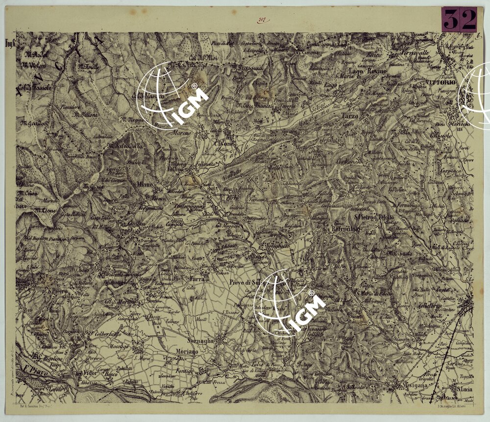 TOPOGRAFIA DELLA PROVINCIA DI TREVISO PER OPERA DELL'ING. ARCH. CIV. D'AGOSTINO CASSINIS MEDIANTE LA FOTOGRAFIA DALLA CARTE DELL'ISTITUTO GEOG. MILIT. DI VIENNA TRADOTTA IN SCALA DI 1 43,200 E RETTIFICATA SECONDO LE VARIAZIONI AVVENUTE FINO AL 1876.