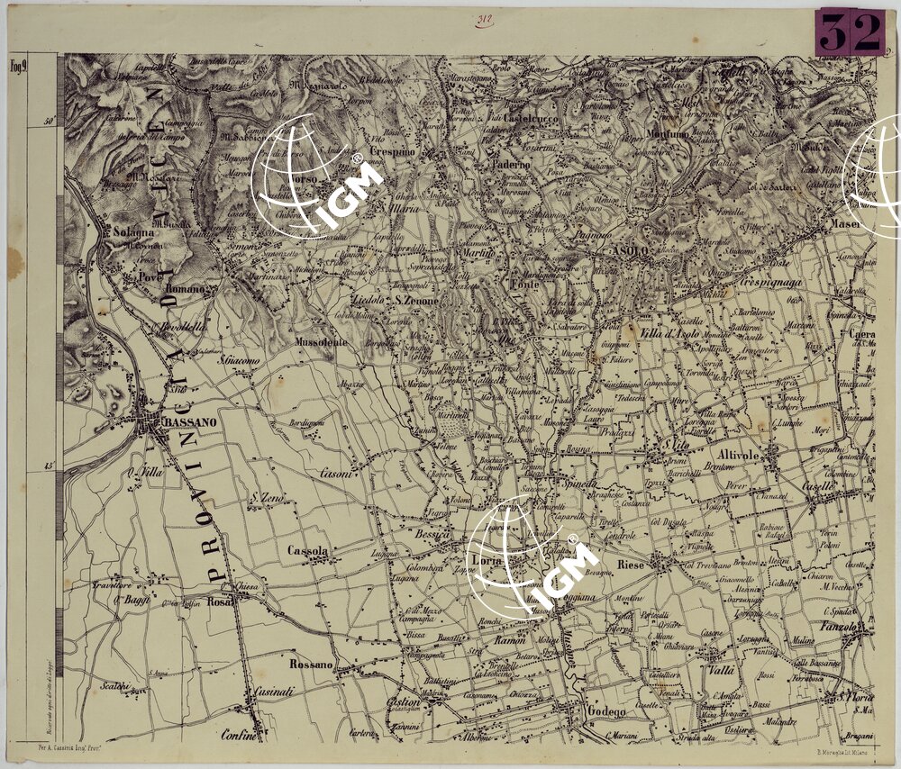 TOPOGRAFIA DELLA PROVINCIA DI TREVISO PER OPERA DELL'ING. ARCH. CIV. D'AGOSTINO CASSINIS MEDIANTE LA FOTOGRAFIA DALLA CARTE DELL'ISTITUTO GEOG. MILIT. DI VIENNA TRADOTTA IN SCALA DI 1 43,200 E RETTIFICATA SECONDO LE VARIAZIONI AVVENUTE FINO AL 1876.