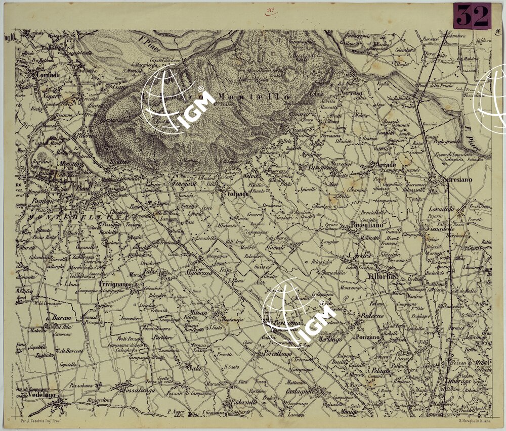 TOPOGRAFIA DELLA PROVINCIA DI TREVISO PER OPERA DELL'ING. ARCH. CIV. D'AGOSTINO CASSINIS MEDIANTE LA FOTOGRAFIA DALLA CARTE DELL'ISTITUTO GEOG. MILIT. DI VIENNA TRADOTTA IN SCALA DI 1 43,200 E RETTIFICATA SECONDO LE VARIAZIONI AVVENUTE FINO AL 1876.