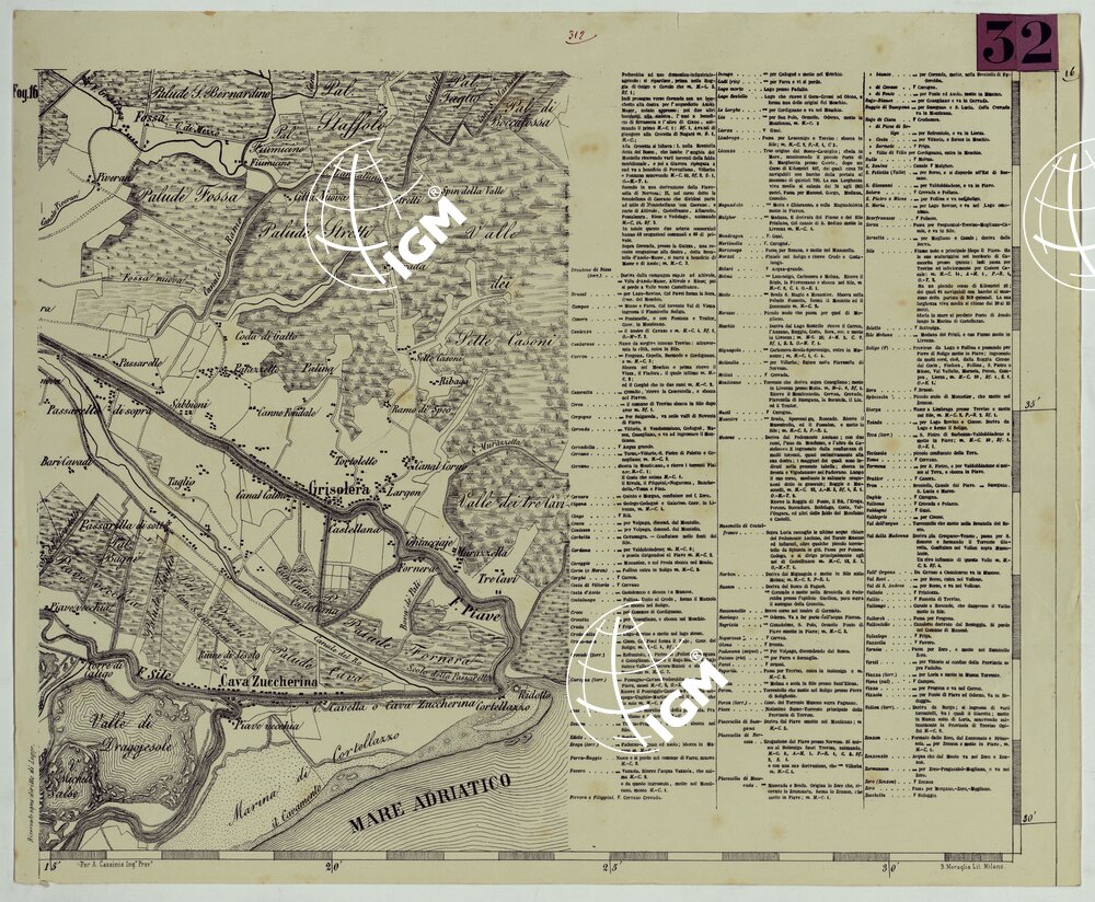 TOPOGRAFIA DELLA PROVINCIA DI TREVISO PER OPERA DELL'ING. ARCH. CIV. D'AGOSTINO CASSINIS MEDIANTE LA FOTOGRAFIA DALLA CARTE DELL'ISTITUTO GEOG. MILIT. DI VIENNA TRADOTTA IN SCALA DI 1 43,200 E RETTIFICATA SECONDO LE VARIAZIONI AVVENUTE FINO AL 1876.