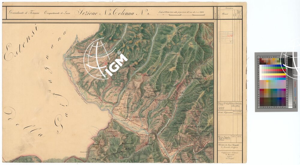CARTA TOPOGRAFICA DEL COMPARTIMENTO LUCCHESE ESEGUITA D'ORDINE DI SUA ECCELLENZA IL SIGNOR TENENTE GENERALE CAV. G. DE LAUGIER CONTE DI BELLECOUR MINISTRO DELLA GUERRA - SEZIONE N. 3 COLONNA N. 2