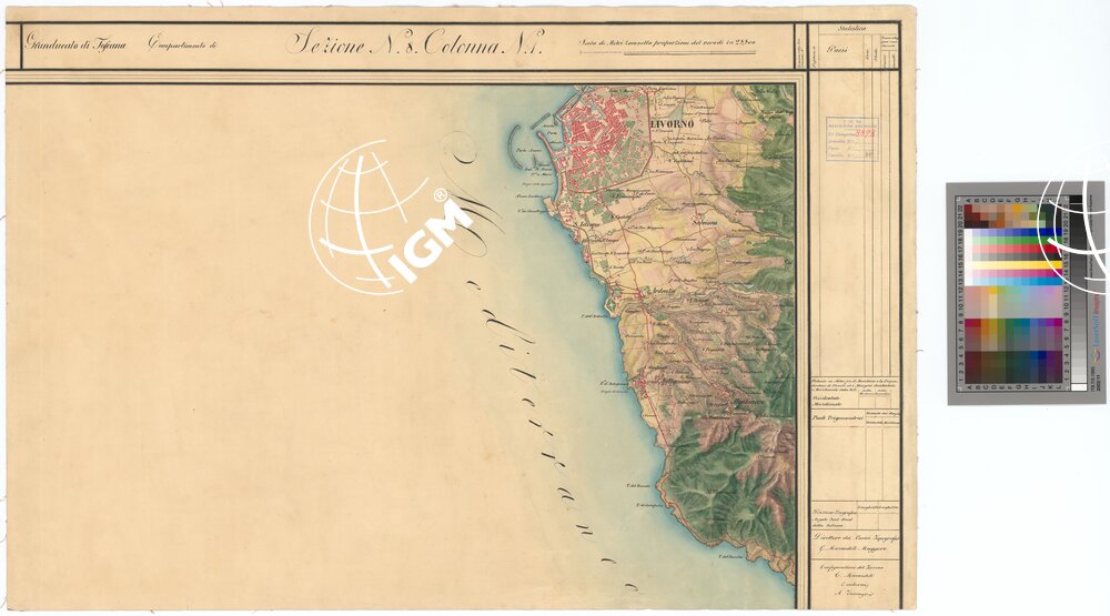 CARTA TOPOGRAFICA DEL COMPARTIMENTO LUCCHESE ESEGUITA D'ORDINE DI SUA ECCELLENZA IL SIGNOR TENENTE GENERALE CAV. G. DE LAUGIER CONTE DI BELLECOUR MINISTRO DELLA GUERRA - SEZIONE N. 8 COLONNA N. 1