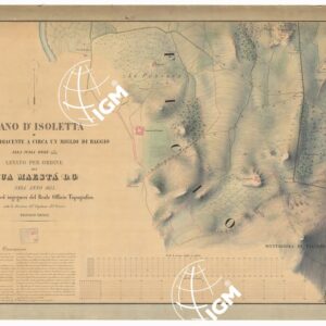 PIANO D'ISOLETTA E DEL TERRENO ADIACENTE A CIRCA UN MIGLIO DI RAGGIO ALLA SCALA DELL'1:2.000, LEVATO PER ORDINE DI SUA MAESTA' (D. G.) NELL'ANNO 1853 DA UFFIZIALI ED INGEGNERI DEL REALE OFFICIO TOPOGRAFICO - FOGLIO 5 TITOLO.