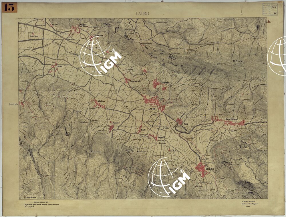 CARTA TOPOGRAFICA DEL MONTE VESUVIO RILEVATA E DISEGNATA DAGLI ALLIEVI DELL'ISTITUTO TOPOGRAFICO MIITARE NEGLI ANNI 1876-76 ALLA SCALA DI 1:10000 - FOGLIO 4 LAURO.