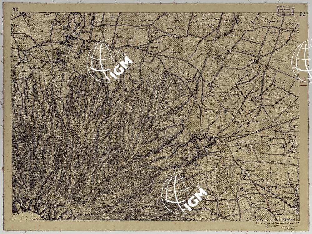 CARTA TOPOGRAFICA DEL MONTE VESUVIO RILEVATA E DISEGNATA DAGLI ALLIEVI DELL'ISTITUTO TOPOGRAFICO MIITARE NEGLI ANNI 1876-76 ALLA SCALA DI 1:10000 RICONOSCIUTA PER IL SISTEMA ROTABILE NEL 1880 - FOGLIO 2 OTTAVIANO.
