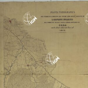 PIANTA TOPOGRAFICA DEL TERRENO LIMITATO DAL FIUME LIRI DALLE COLLINE DI S. GIOVANNI INCARICO DAL TORRENTE MELFI E DALLA STRADA ROTABILE DI SORA CON LE ALTURE ADIACENTI FINO AD ARCE. PARTE 1 E 2.