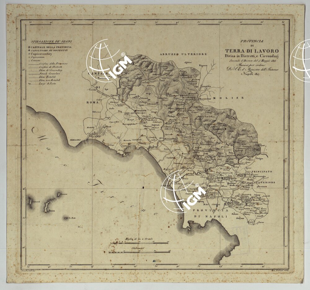 ATLANTE DELLE QUINDICI PROVINCIE AL DI QUA DEL FARO DEL REGNO DELLE DUE SICILIE A NORMA DELLA LEGGE DEL 1° MAGGIO 1816. INCISE D'ORDINE DI S. E. IL SEGRETARIO DI STATO MINISTRO DEGLI AFFARI INTERNI DA GENNARO BARTOLI - PROVINCIA DI TERRA DI LAVORO.