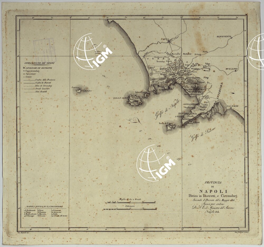 ATLANTE DELLE QUINDICI PROVINCIE AL DI QUA DEL FARO DEL REGNO DELLE DUE SICILIE A NORMA DELLA LEGGE DEL 1° MAGGIO 1816. INCISE D'ORDINE DI S. E. IL SEGRETARIO DI STATO MINISTRO DEGLI AFFARI INTERNI DA GENNARO BARTOLI - PROVINCIA DI NAPOLI.