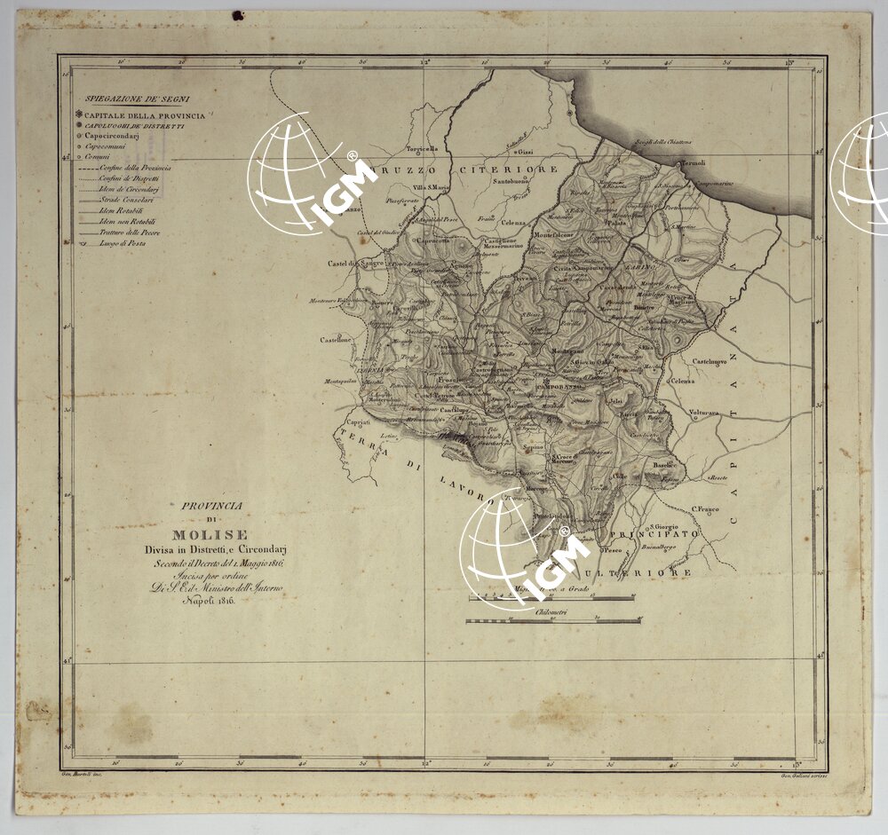 ATLANTE DELLE QUINDICI PROVINCIE AL DI QUA DEL FARO DEL REGNO DELLE DUE SICILIE A NORMA DELLA LEGGE DEL 1° MAGGIO 1816. INCISE D'ORDINE DI S. E. IL SEGRETARIO DI STATO MINISTRO DEGLI AFFARI INTERNI DA GENNARO BARTOLI - PROVINCIA DI MOLISE.
