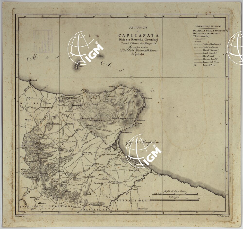 ATLANTE DELLE QUINDICI PROVINCIE AL DI QUA DEL FARO DEL REGNO DELLE DUE SICILIE A NORMA DELLA LEGGE DEL 1° MAGGIO 1816. INCISE D'ORDINE DI S. E. IL SEGRETARIO DI STATO MINISTRO DEGLI AFFARI INTERNI DA GENNARO BARTOLI - PROVINCIA DI CAPITANATA.