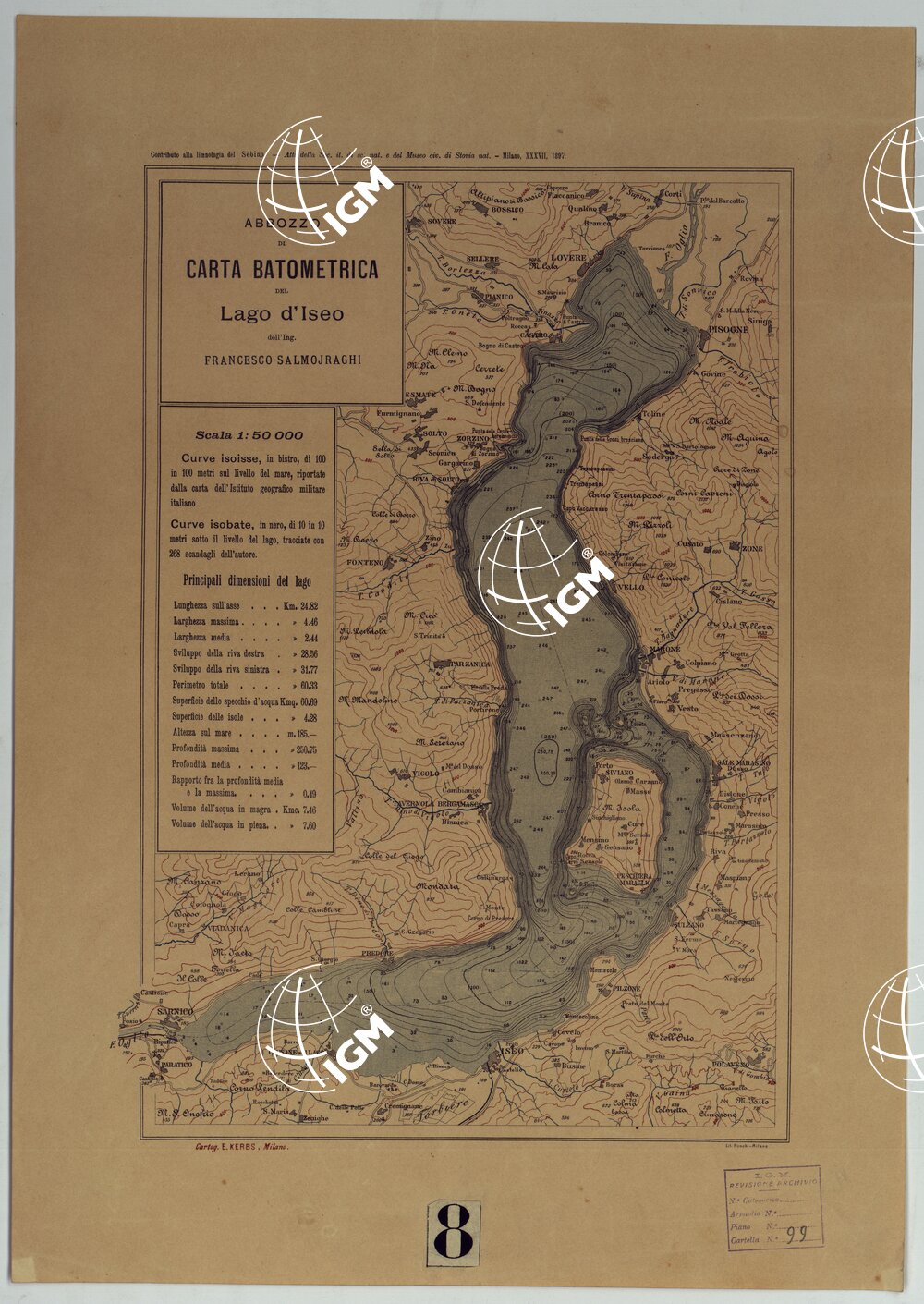 ABBOZZO DI CARTA BATOMETRICA DEL LAGO D'ISEO DELL'ING. FRANCESCO SALMOJRAGHI