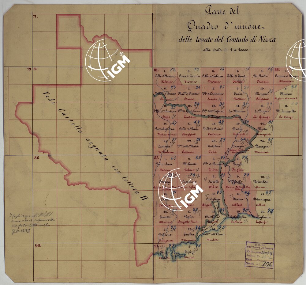 TERRITORIO DELLA CONTEA DI NIZZA - PARTE DEL QUADRO D'UNIONE DELLE LEVATE DEL CONTADO DI NIZZA ALLA SCALA DI 1 A 10.000.