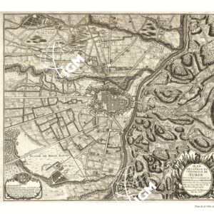PLAN DE LA VILLE ET CITADELLE DE TURIN AVEC SES ENVIRONS DEPUIS LA VENERIE JUSQUES A MILLEFLEURS LEVEE SUR LES LIEUX DRESSE ET MIS AU JOUR PAR LE S.R.G. BAITTIEN GEOGRAPHE AVEC PIVIL DU ROY POUR DIX ANS 1708.