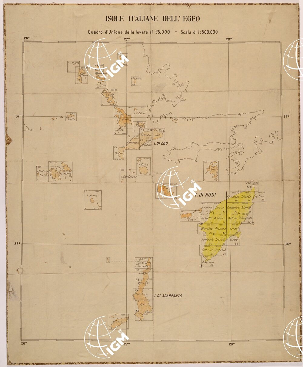 ISOLE ITALIANE DELL'EGEO - QUADRO D'UNIONE DELLE LEVATE AL 25.000
