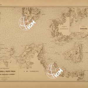 ALBUM DEI PORTI MARITTIMI DEL REGNO D'ITALIA - TAVOLA 42 - ANCORAGGI DI PORTO LISCIA E PORTO POLLO E DELLE ISOLE MADDALENA E S. STEFANO - PORTO DI MADDALENA