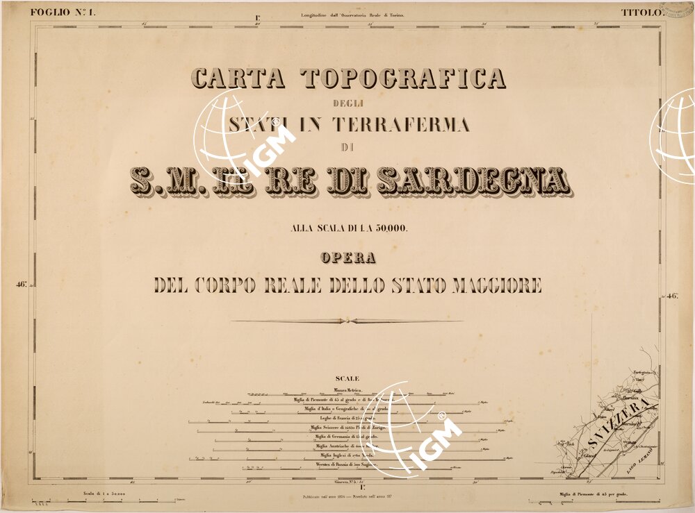 CARTA TOPOGRAFICA DEGLI STATI IN TERRAFERMA DI S. M. IL RE DI SARDEGNA FOGLIO 1 TITOLO