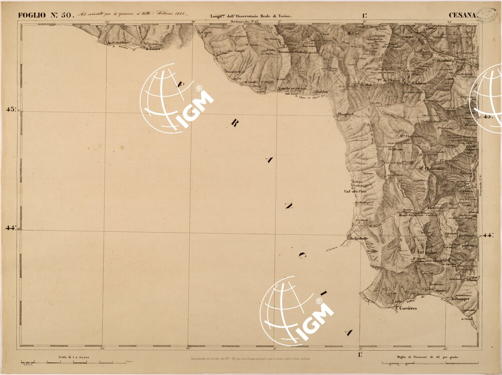CARTA TOPOGRAFICA DEGLI STATI IN TERRAFERMA DI S. M. IL RE DI SARDEGNA FOGLIO 50 CESANA