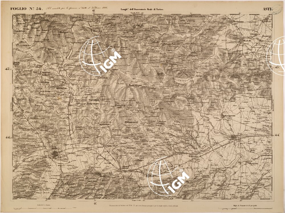 CARTA TOPOGRAFICA DEGLI STATI IN TERRAFERMA DI S. M. IL RE DI SARDEGNA FOGLIO 54 ASTI