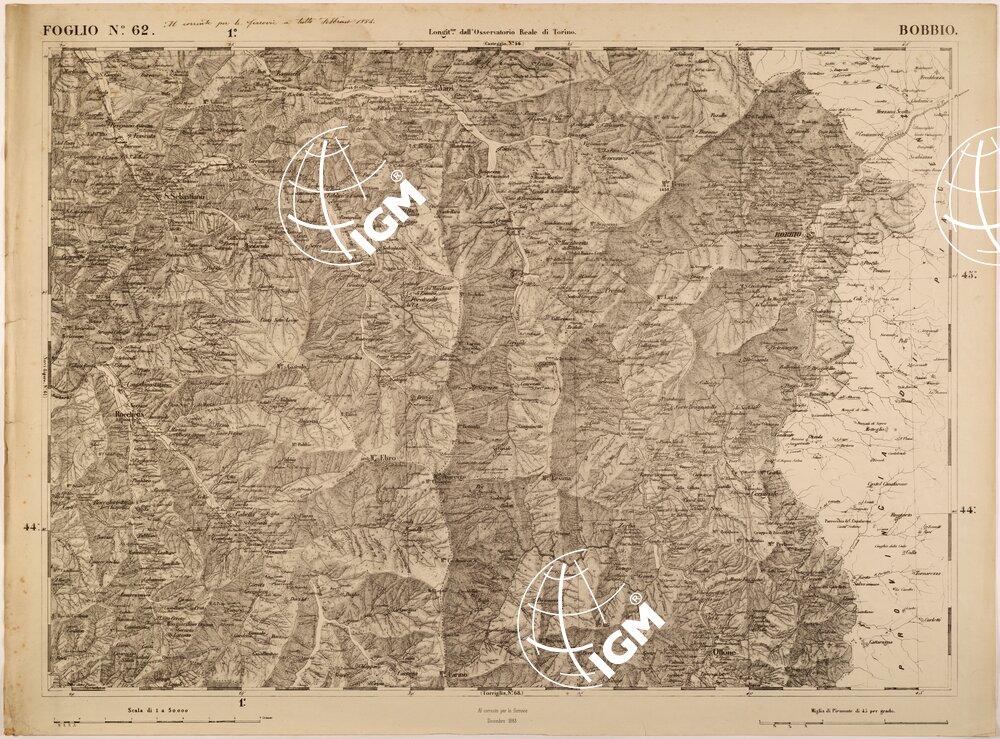 CARTA TOPOGRAFICA DEGLI STATI IN TERRAFERMA DI S. M. IL RE DI SARDEGNA FOGLIO 62 BOBBIO