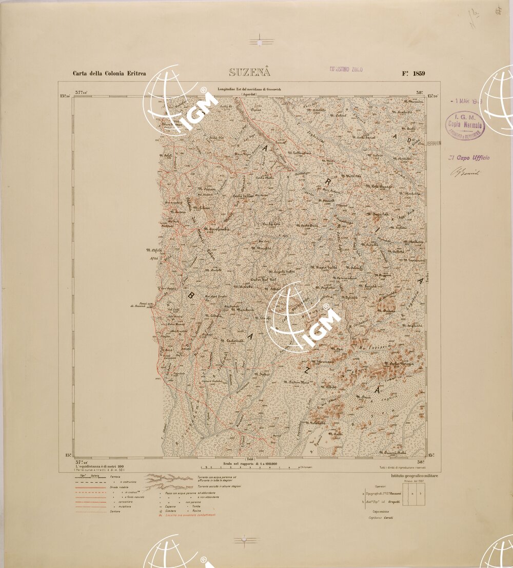 CARTA TOPOGRAFICA DELLA COLONIA ERITREA - FOGLIO 1859 - SUZENA